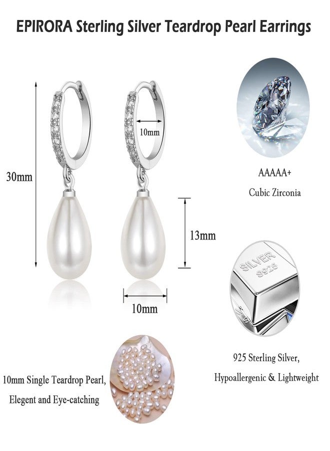 EPIRORA Sterling Silver Simulated Shell Pearl Hoop Earrings Cubic Zirconia Dangle Drop Earrings Jewelry for Women 10mm, Gold (Teardrop) - Image 5